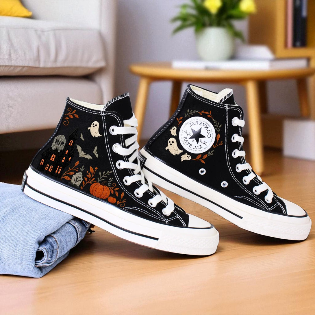 Ghost Embroidered Converse black high top embroidered shoes with ghosts pumpkins tombstone Halloween design