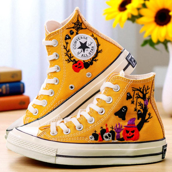 Halloween Converse yellow high top embroidered canvas shoes with pumpkins ghosts spooky trees and skulls