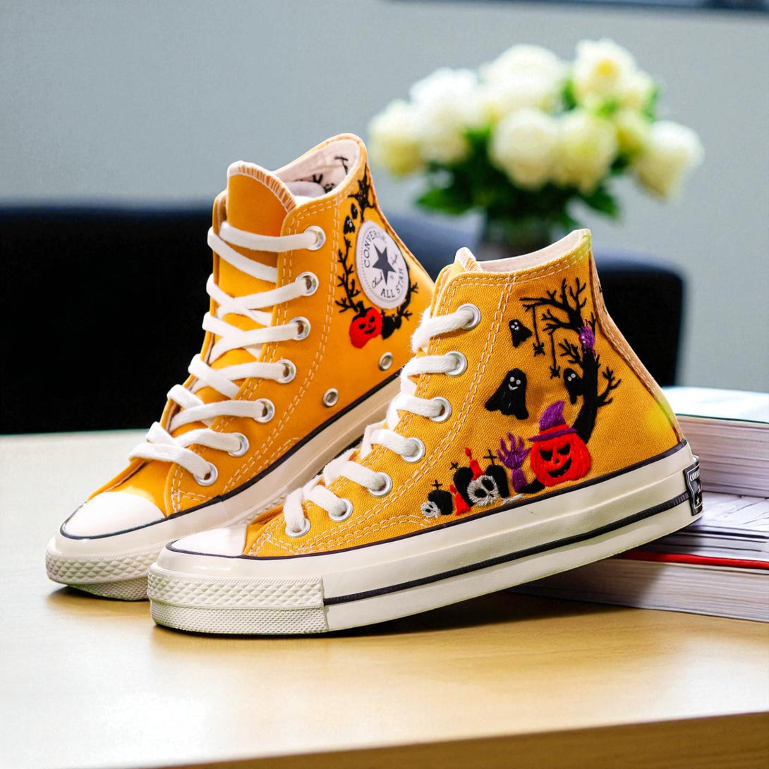 Halloween Converse yellow embroidered high top shoes with pumpkins ghosts skulls tree and white laces