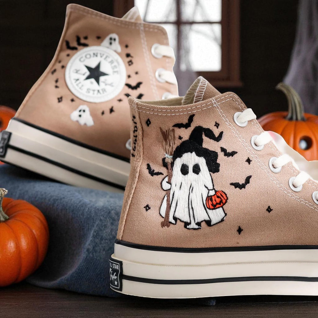 Beige embroidered Converse high top with ghost pumpkin and bats halloween converse shoes
