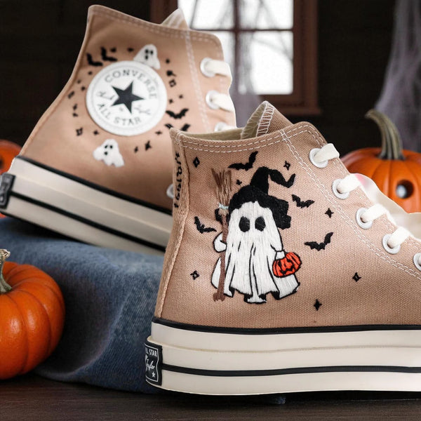 Beige embroidered Converse high top with ghost pumpkin and bats halloween converse shoes