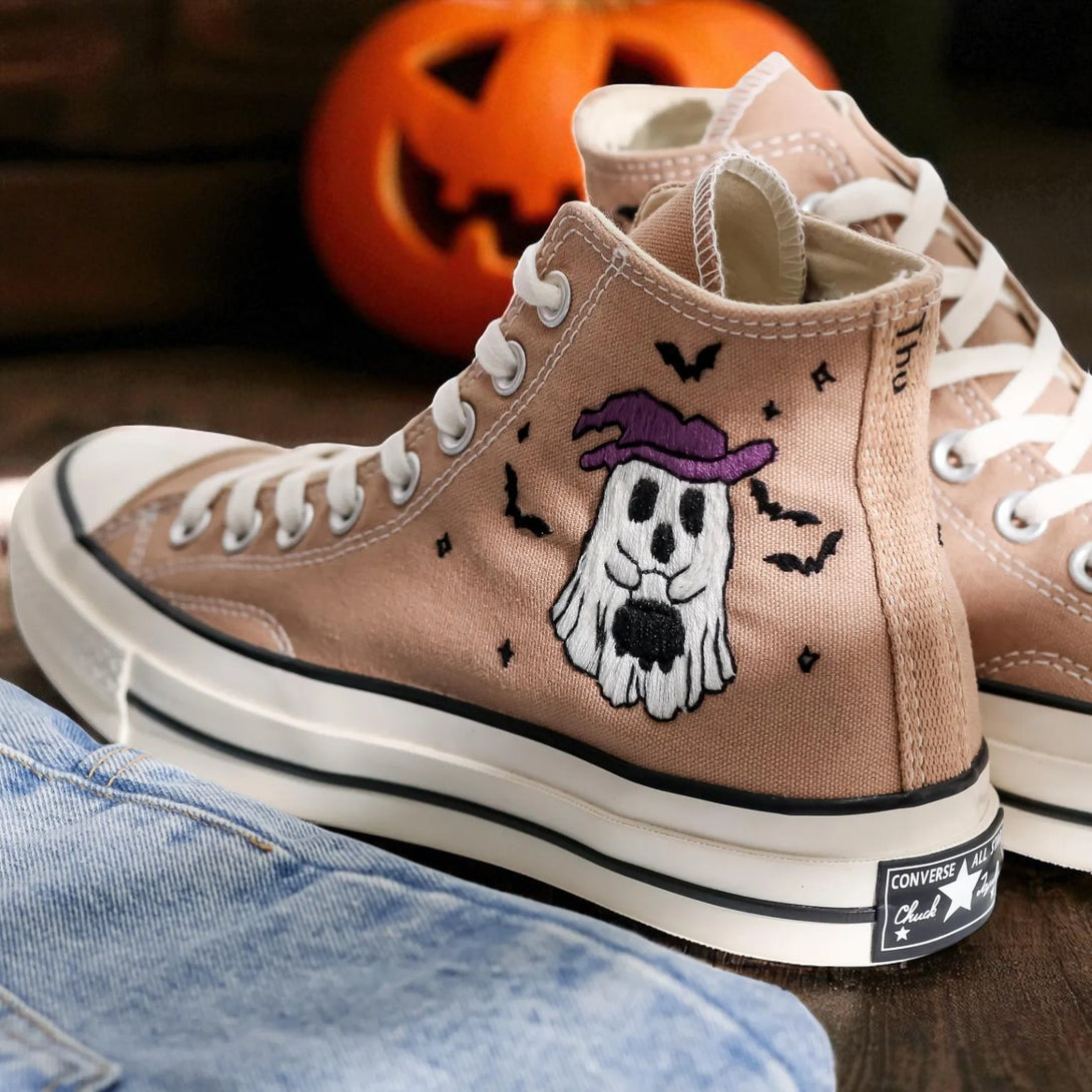 Converse embroidered high top sneakers with ghost wearing purple hat and bats halloween converse shoes