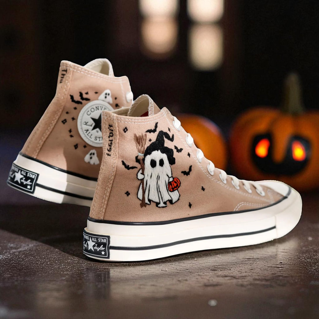 Converse embroidered high top sneakers in beige with ghost holding pumpkin and bats halloween converse shoes
