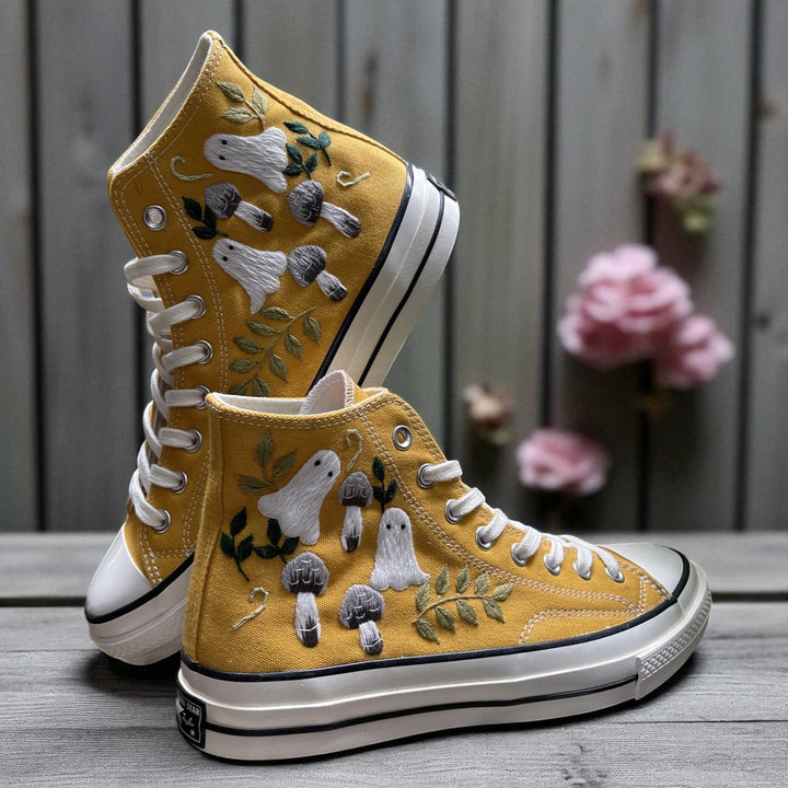 Black Halloween Embroidered Sneakers with colorful mushroom designs by Stitchery Zone