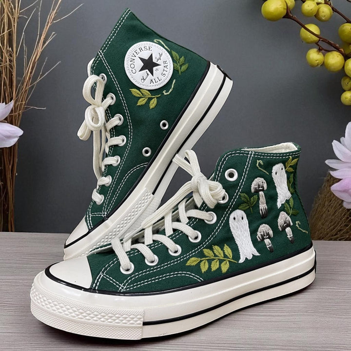 Halloween Embroidered Sneakers featuring detailed mushroom embroidery on dark green high-top canvas shoes by Stitchery Zone