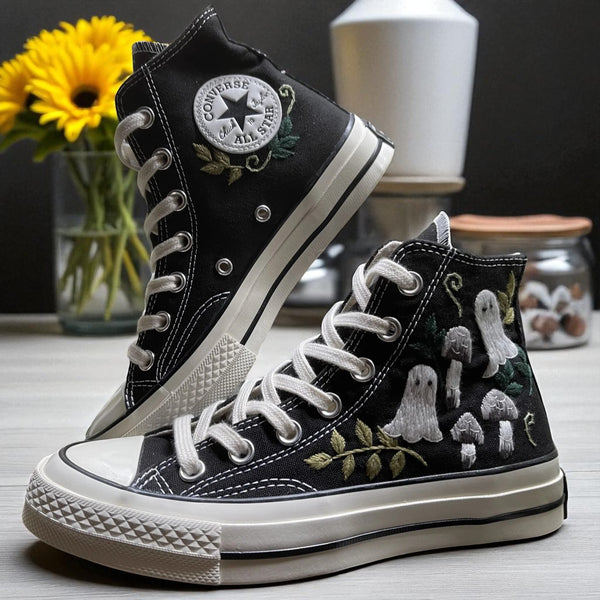 Yellow Halloween Embroidered Sneakers by Stitchery Zone with mushroom and floral embroidery on high-top canvas