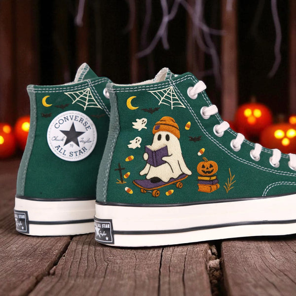 Converse green embroidered high top shoes with reading ghost pumpkin and cobweb motifs Halloween Shoes