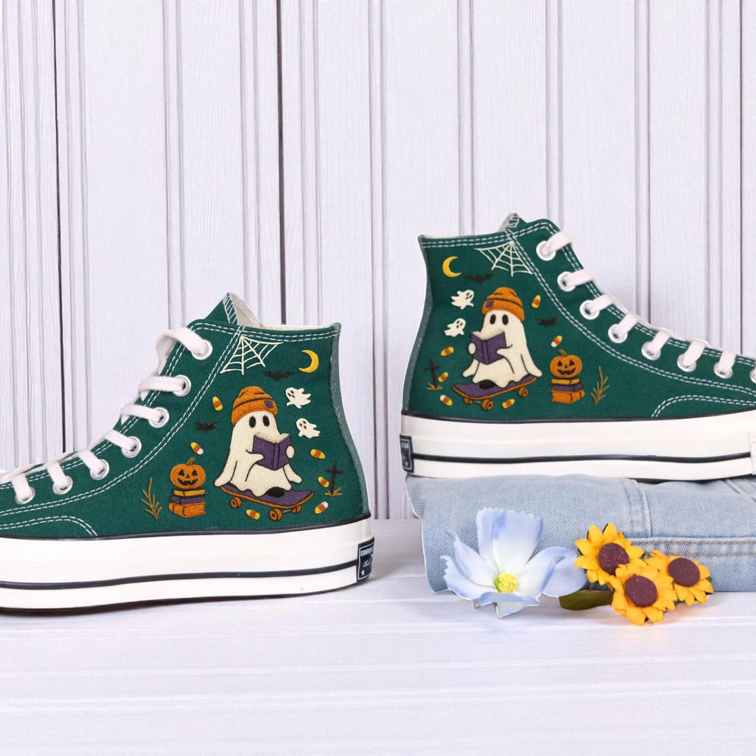 Converse embroidered shoes Halloween Shoes green high top with ghost pumpkin moon spiderweb fall motifs