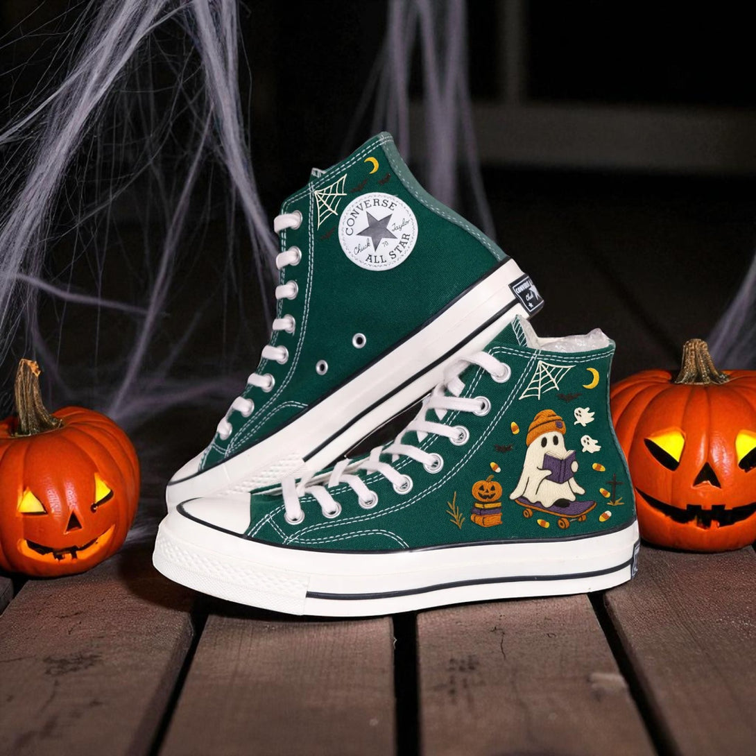 Converse embroidered high top sneakers Halloween Shoes with ghost pumpkin and spiderweb designs in green
