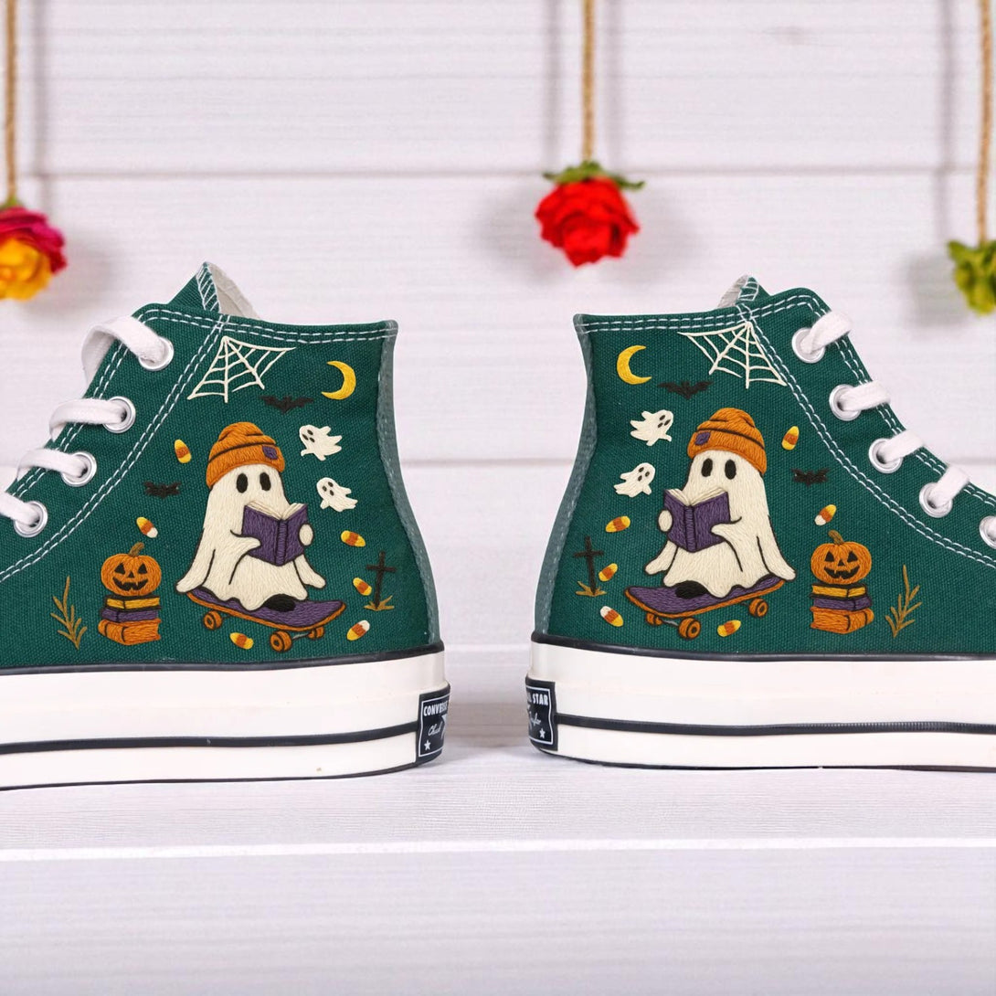 Converse embroidered green high top Halloween Shoes with ghost reading book pumpkin and spiderweb design