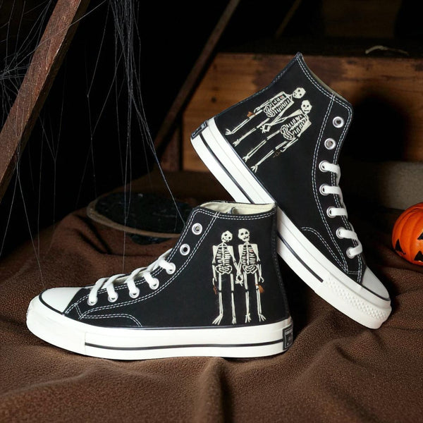 Converse embroidered black high top sneakers with skeleton design Halloween Shoes Men Skeleton on side