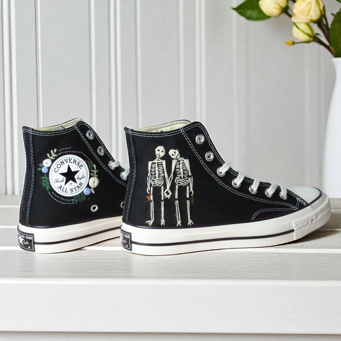 Converse embroidered black high top Halloween Shoes Men Skeleton design with paired skeletons and floral All Star patch