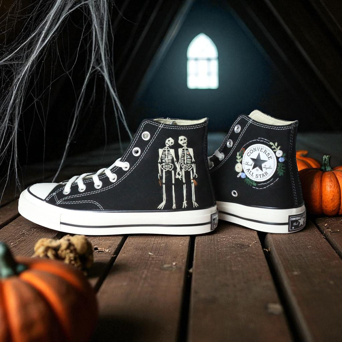 Converse embroidered high top shoes black with skeleton embroidery Halloween Shoes Men Skeleton casual spooky style
