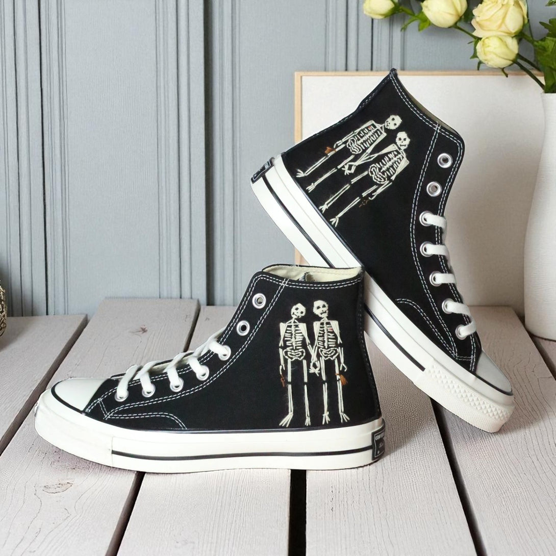 Converse embroidered black high top Halloween Shoes Men Skeleton design with white skeleton pair