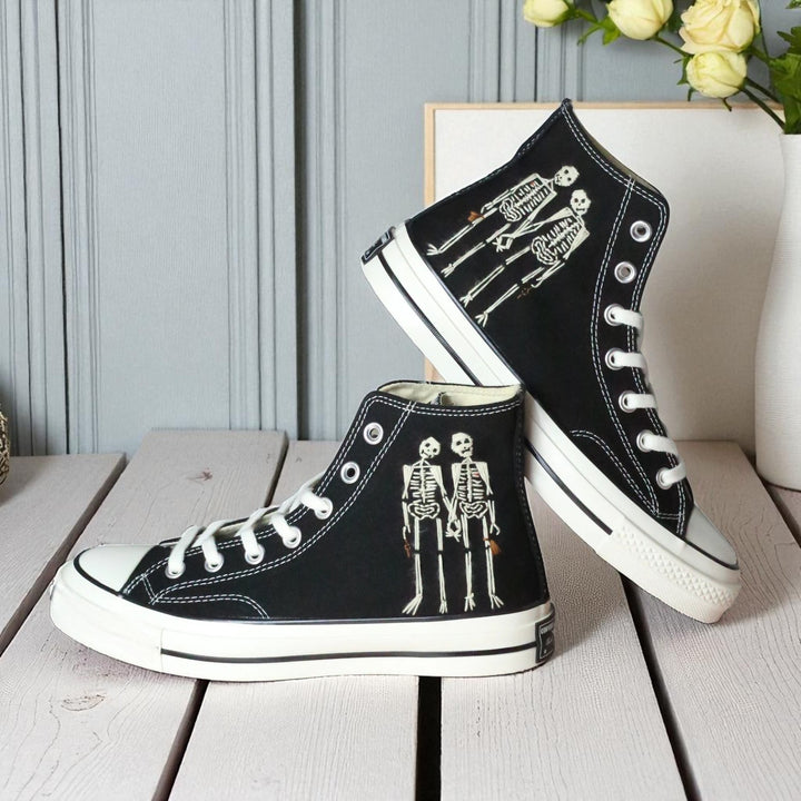 Converse embroidered black high top Halloween Shoes Men Skeleton design with white skeleton pair