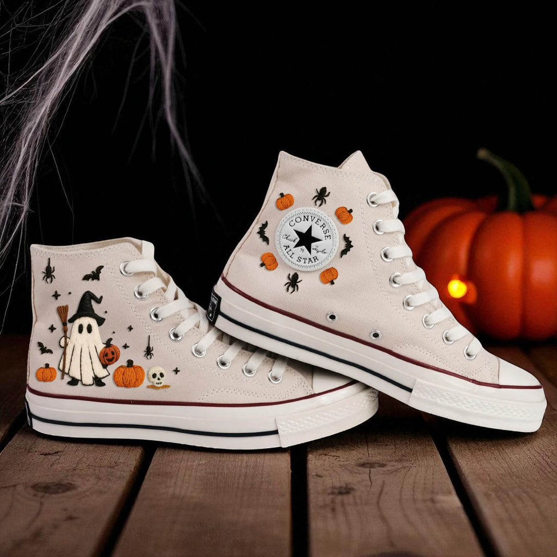 Converse high top embroidered canvas shoes Halloween Vibes Embroidered Sneakers with ghost witch pumpkins spiders and bats