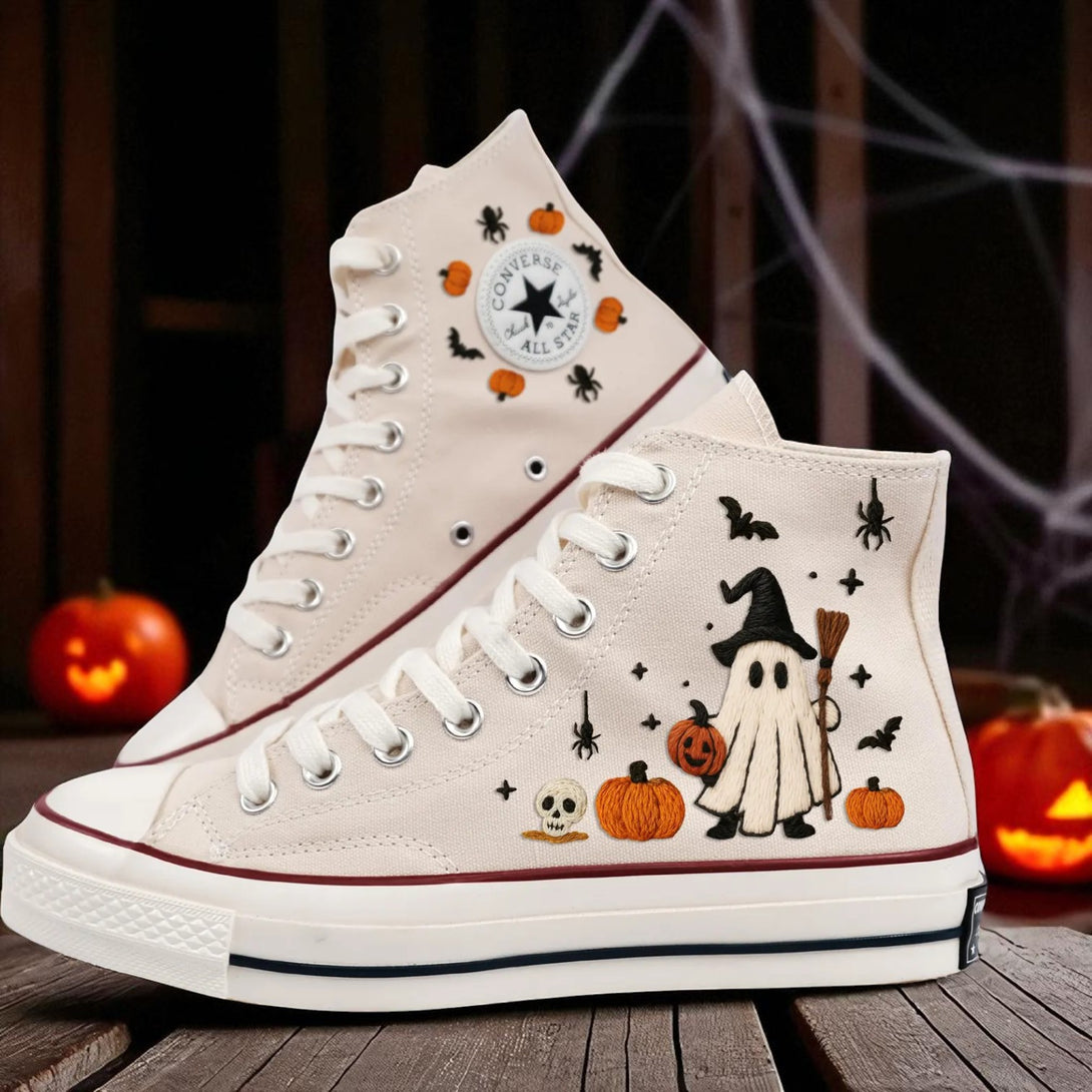 Converse white high top embroidered shoes Halloween Vibes Embroidered Sneakers with ghost pumpkin skull and spider motifs