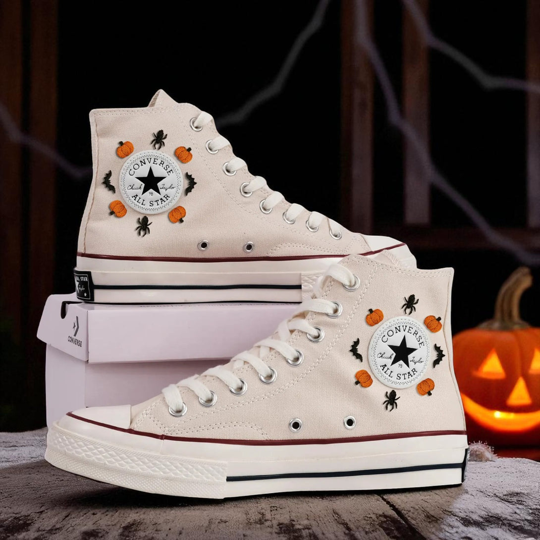 Converse high top embroidered shoes with pumpkins bats and spiders Halloween Vibes Embroidered Sneakers in cream