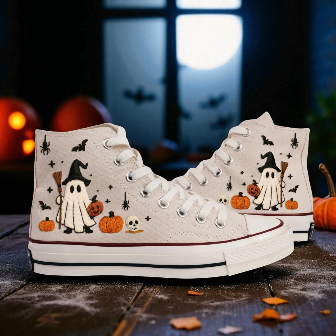 Converse white high top Halloween Vibes Embroidered Sneakers with ghost witch pumpkins and bats embroidery