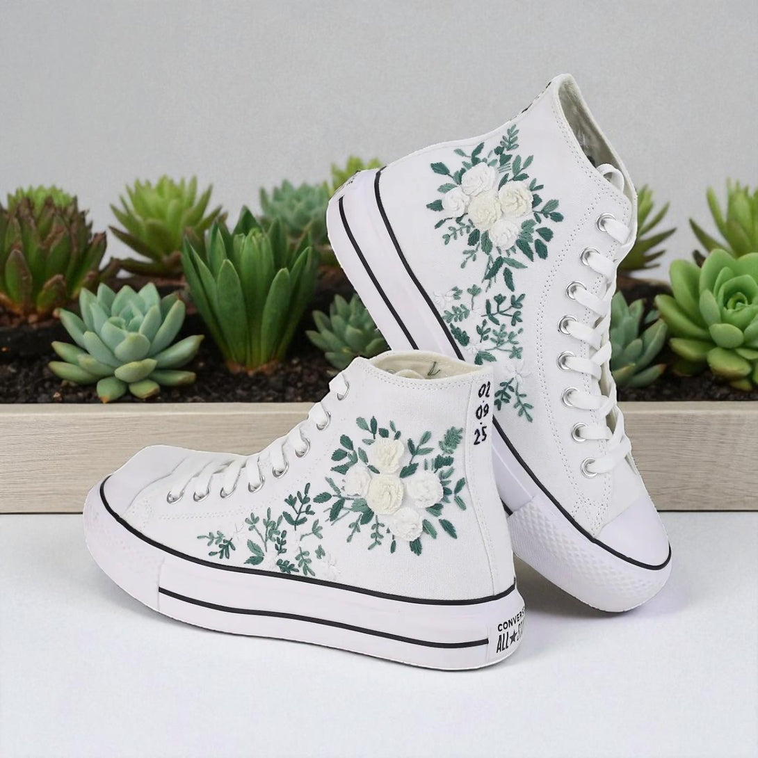 Converse white high top sneakers Hand Embroidered Bride Shoes with hand stitched white rose and green leaf floral embroidery
