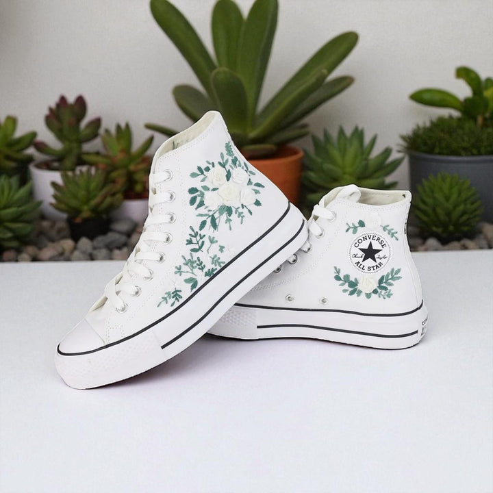 Converse white high top sneakers with green floral embroidery Hand Embroidered Bride Shoes