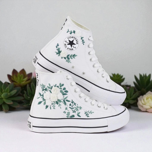 Converse white high top sneakers with green floral and white rose embroidery Hand Embroidered Bride Shoes