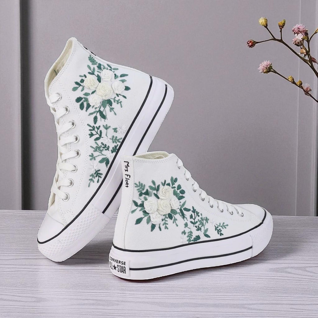 Converse white high top sneakers with green leaf and white rose embroidery Hand Embroidered Bride Shoes