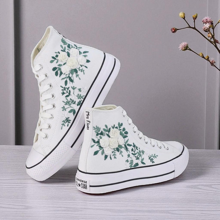 Converse white high top sneakers with green leaf and white rose embroidery Hand Embroidered Bride Shoes