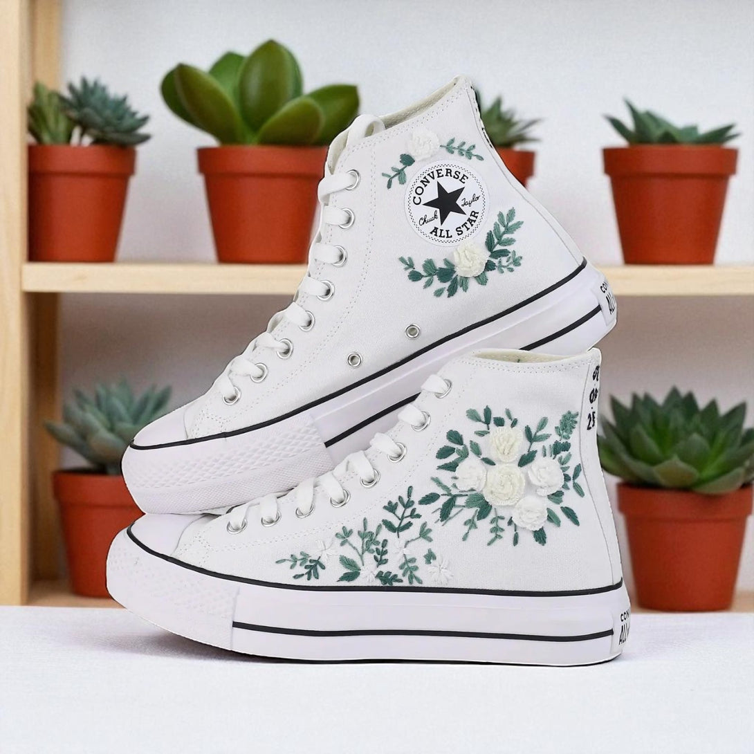 Converse white high top sneakers with floral embroidery Hand Embroidered Bride Shoes ideal for wedding comfort