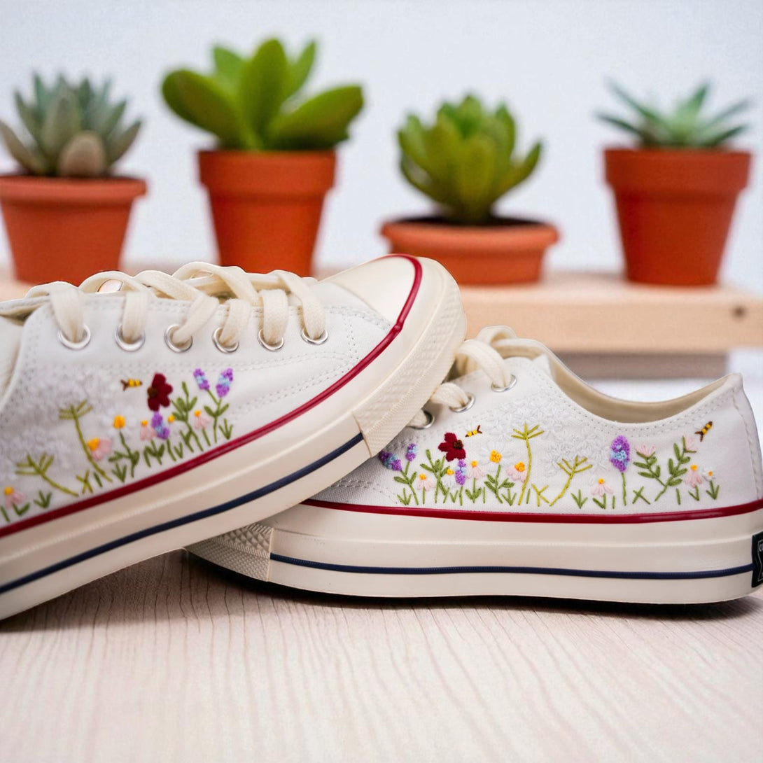 Bridal Flowers Embroidered Shoes Converse Low tops with colorful floral embroidery on white canvas