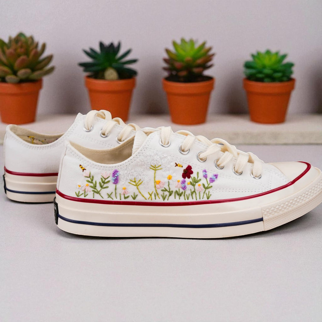 Bridal Flowers Embroidered Shoes Converse Low tops with colorful floral embroidery on white canvas sneakers