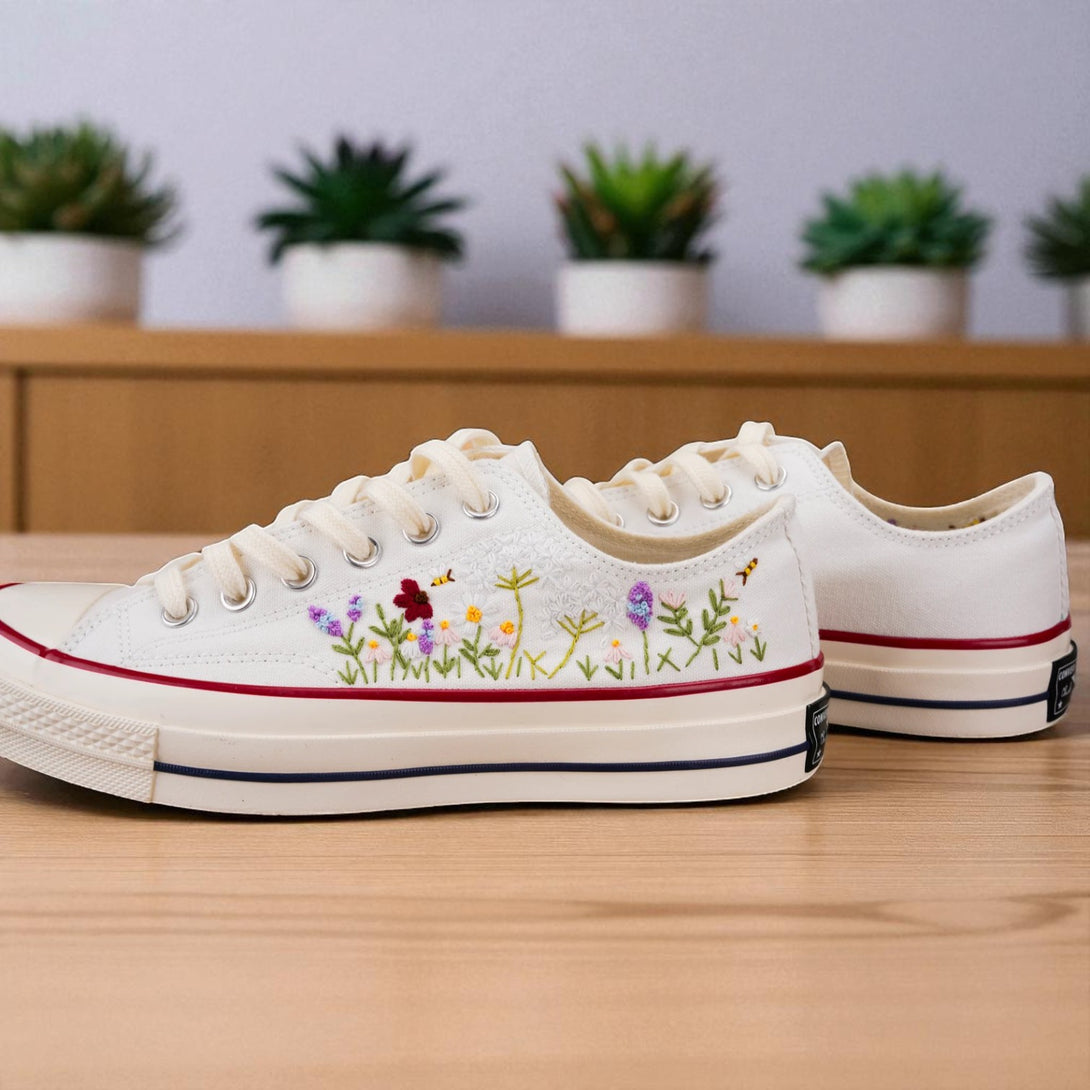Bridal Flowers Embroidered Shoes Converse Low tops by Stitchery Zone with colorful floral designs on white canvas