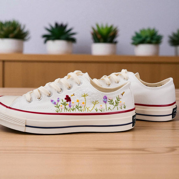 Bridal Flowers Embroidered Shoes Converse Low tops by Stitchery Zone with colorful floral designs on white canvas