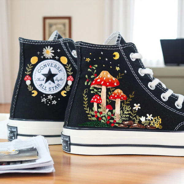 Converse Mushroom Embroidered Shoes with Colorful Mushroom Design and Floral Accents