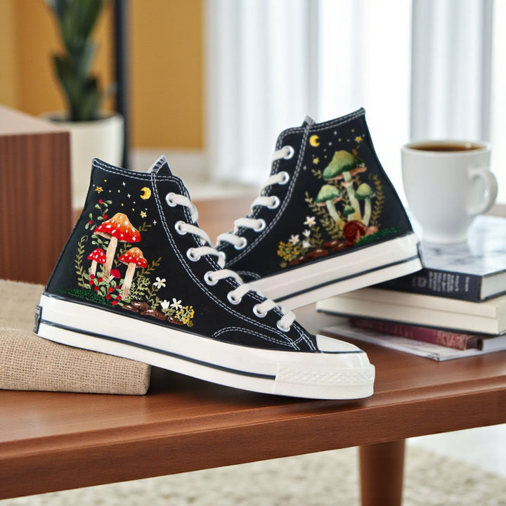 Converse Mushroom Embroidered Shoes featuring colorful mushroom designs on a black canvas