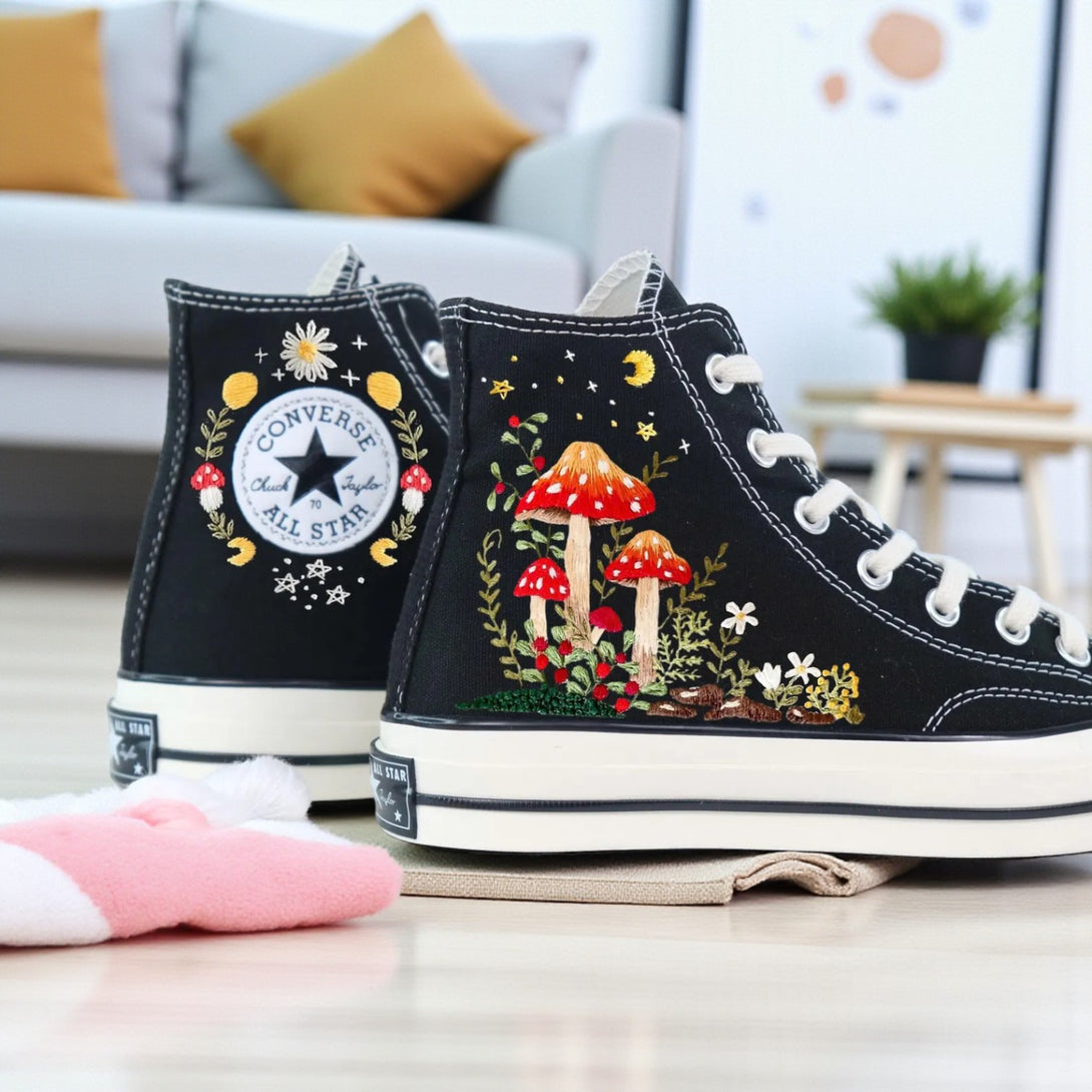 Converse Mushroom embroidered shoes featuring colorful mushroom designs on black canvas with classic silhouette