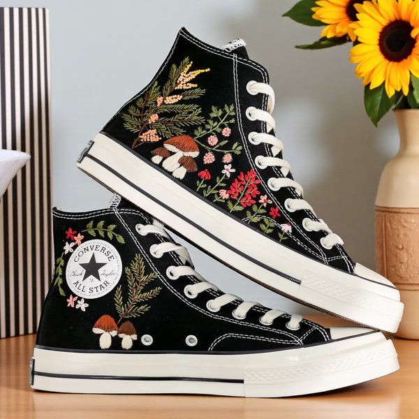 Converse Mushroom Garden Embroidered High-Top Shoes with Colorful Floral Design