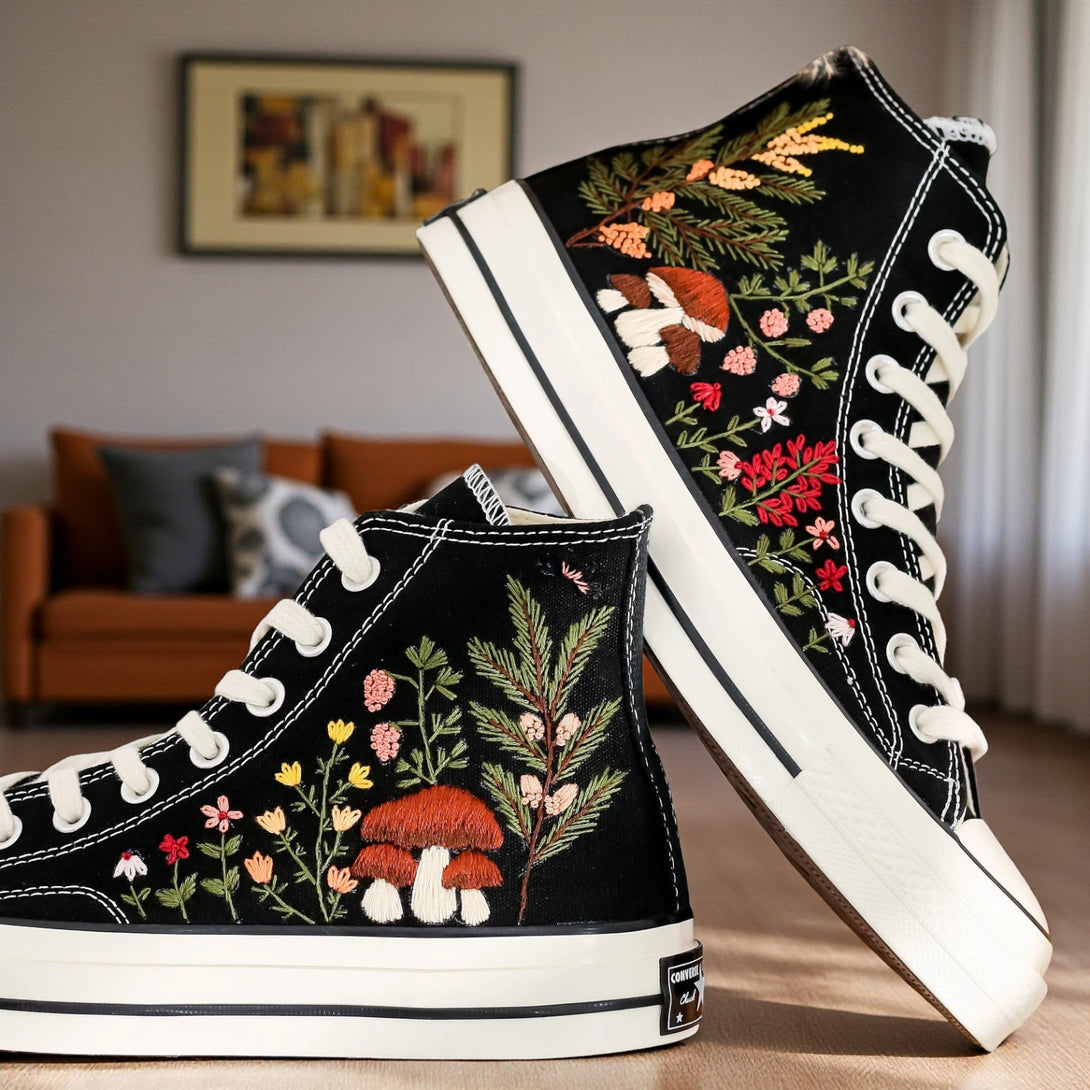 Converse Mushroom Garden Embroidered Shoes featuring colorful floral and mushroom designs