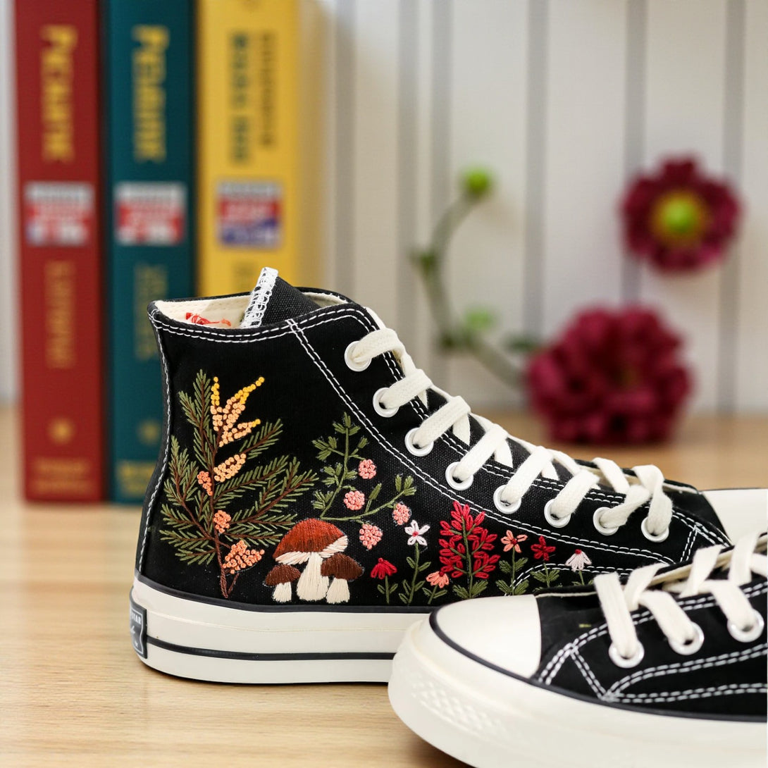 Converse Mushroom Garden Embroidered Shoes featuring vibrant floral and mushroom designs