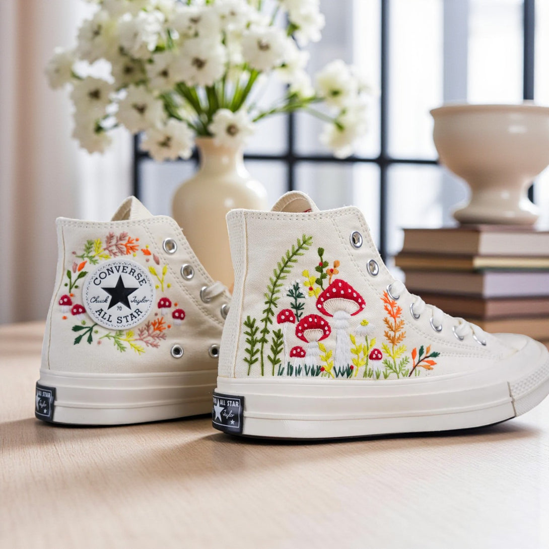 Converse Embroidered Mushroom Shoes featuring colorful mushroom designs and floral patterns