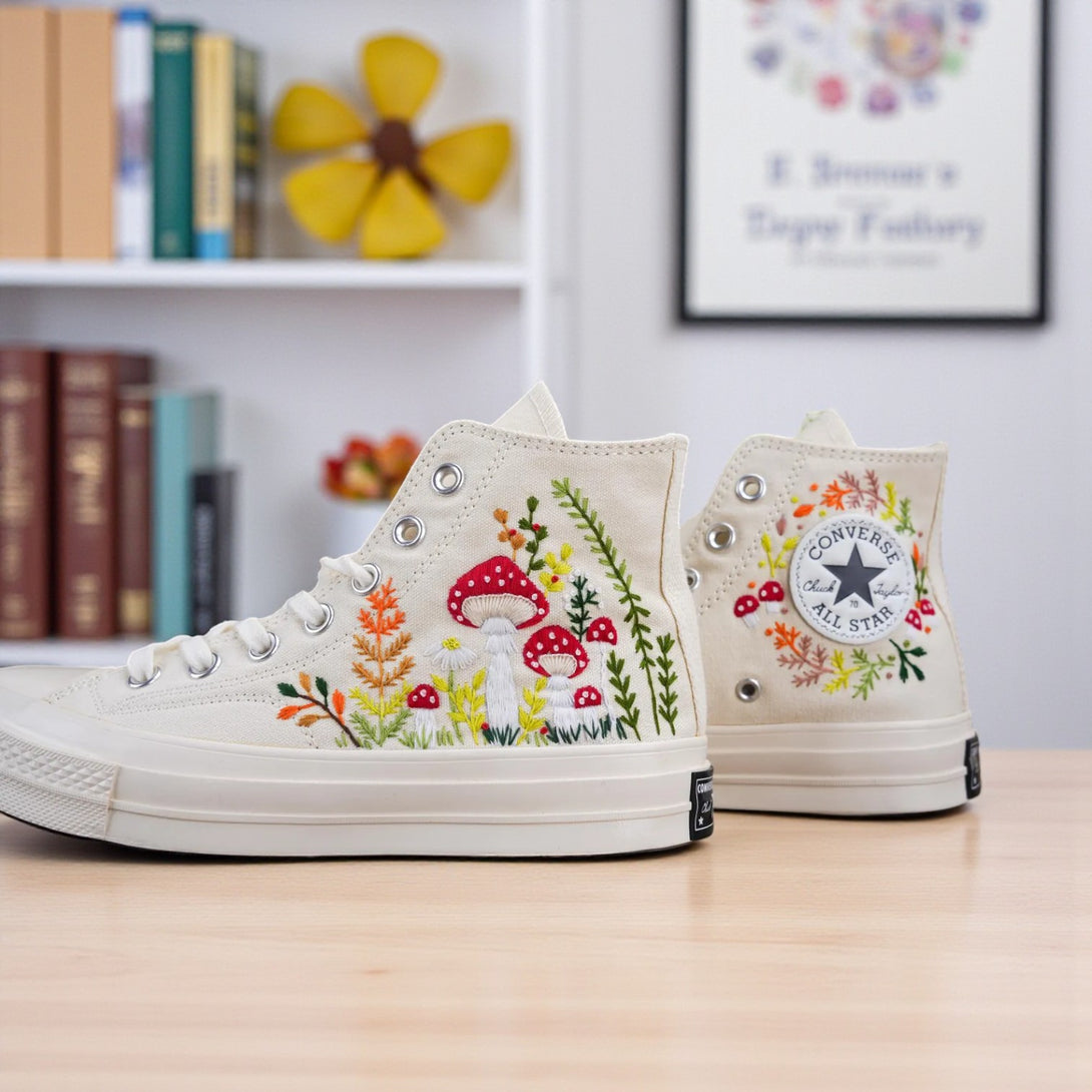 Converse embroidered shoes featuring a colorful mushroom design for a unique look