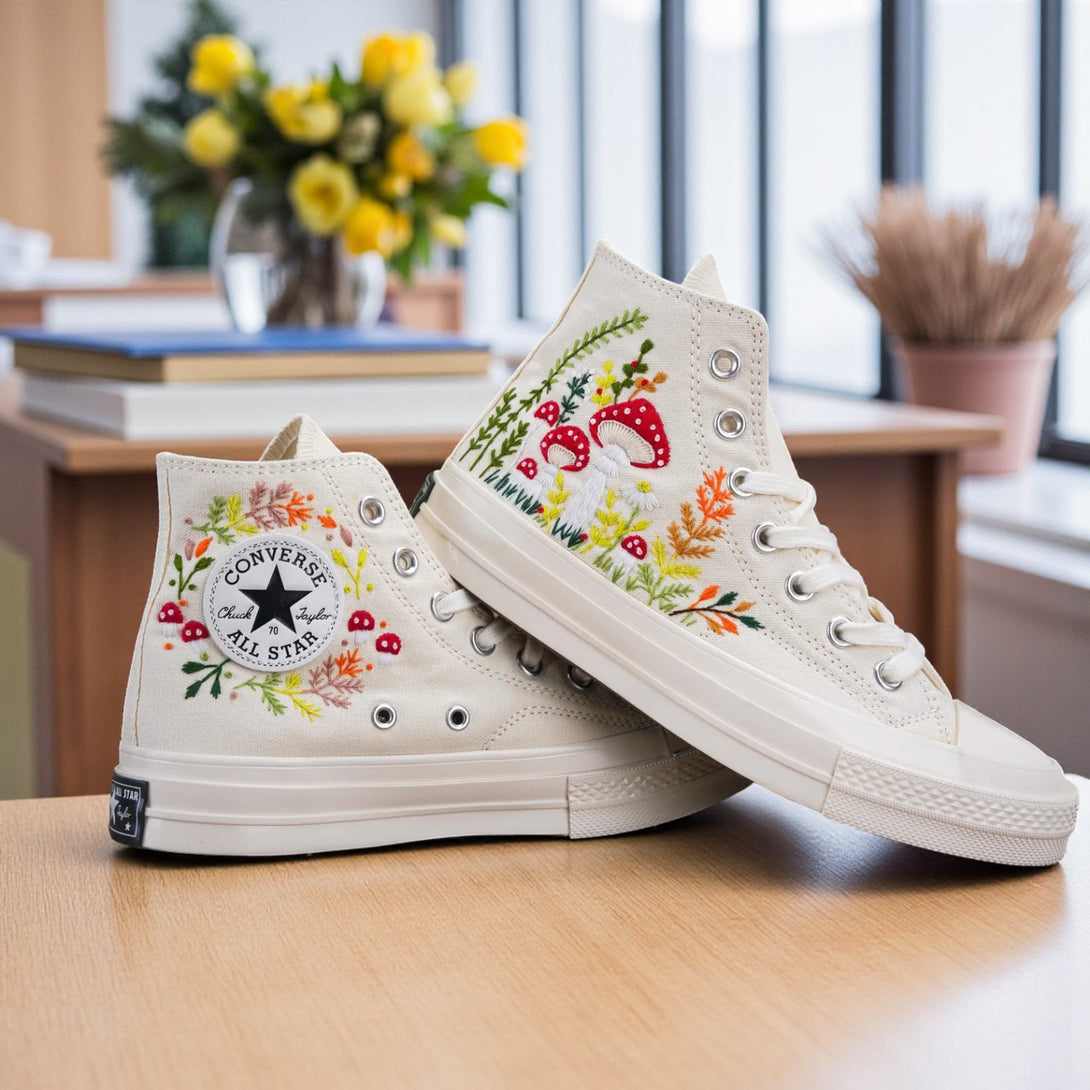Converse embroidered shoes featuring a colorful mushroom shoe design with floral accents