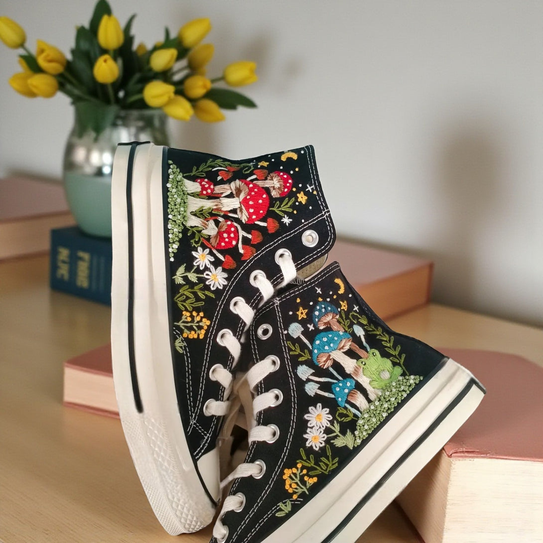 Converse Mushroom Shoes featuring colorful floral and mushroom embroidery on a stylish black background