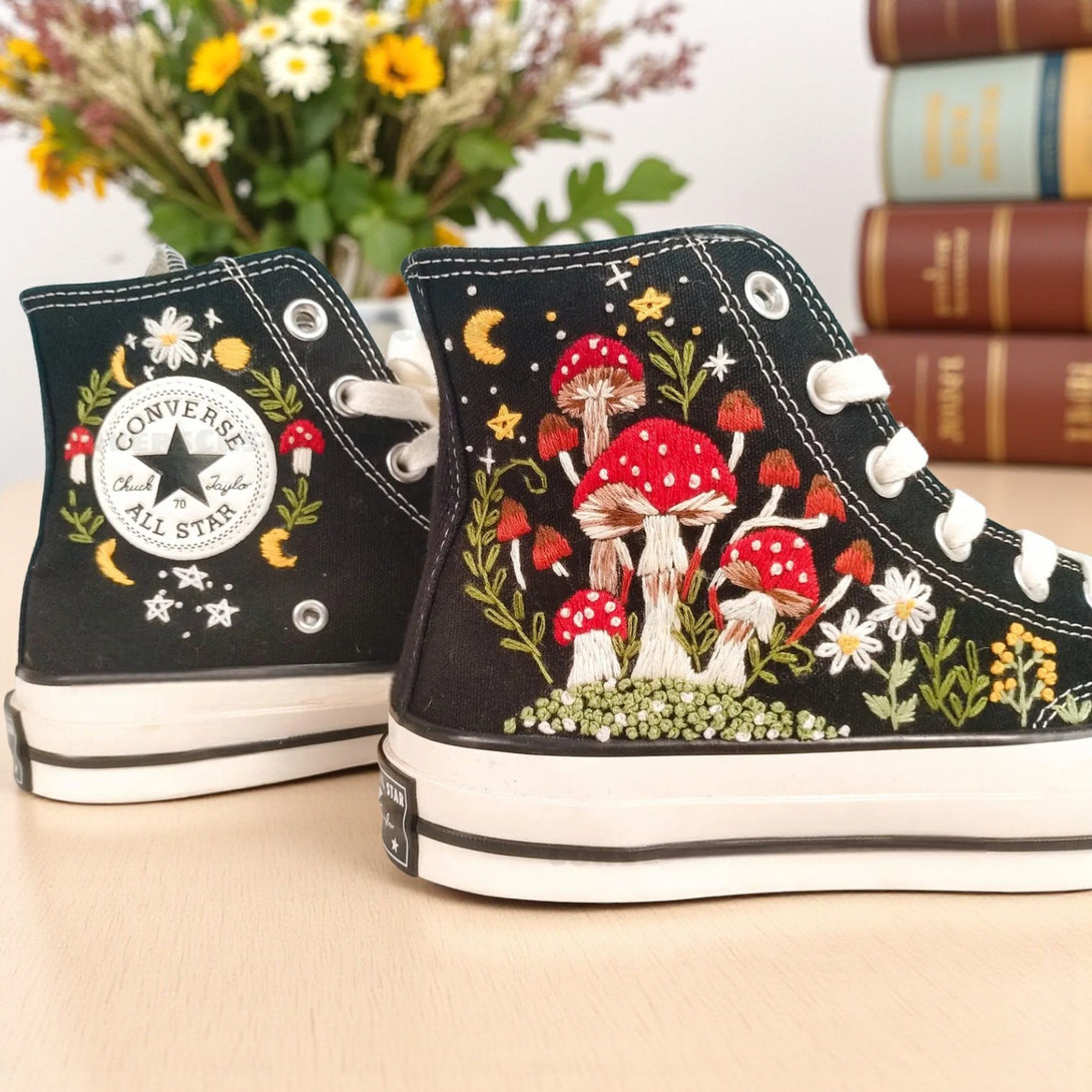 Converse Mushroom Shoes featuring vibrant mushroom embroidery on a black canvas background