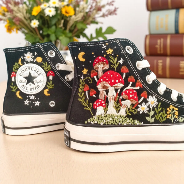 Converse Mushroom Shoes featuring vibrant mushroom embroidery on a black canvas background