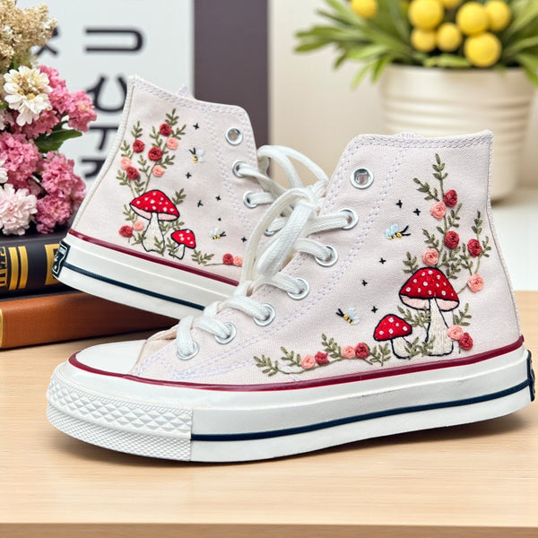 Converse Mushroom Sneakers with Beautiful Floral Embroidery in Light Pink Canvas