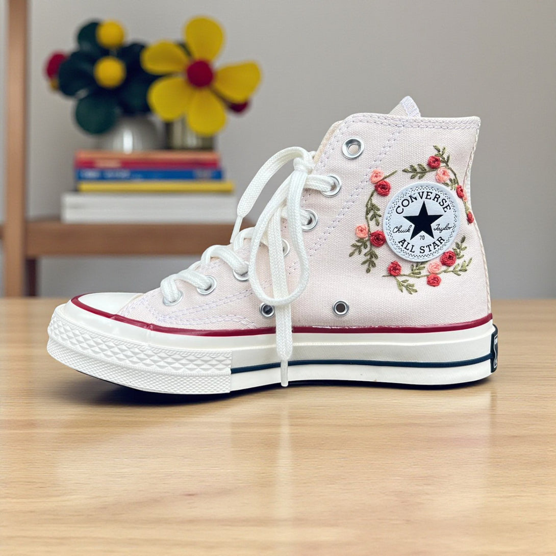 Converse Mushroom Sneakers featuring floral embroidery and high-top design for stylish footwear