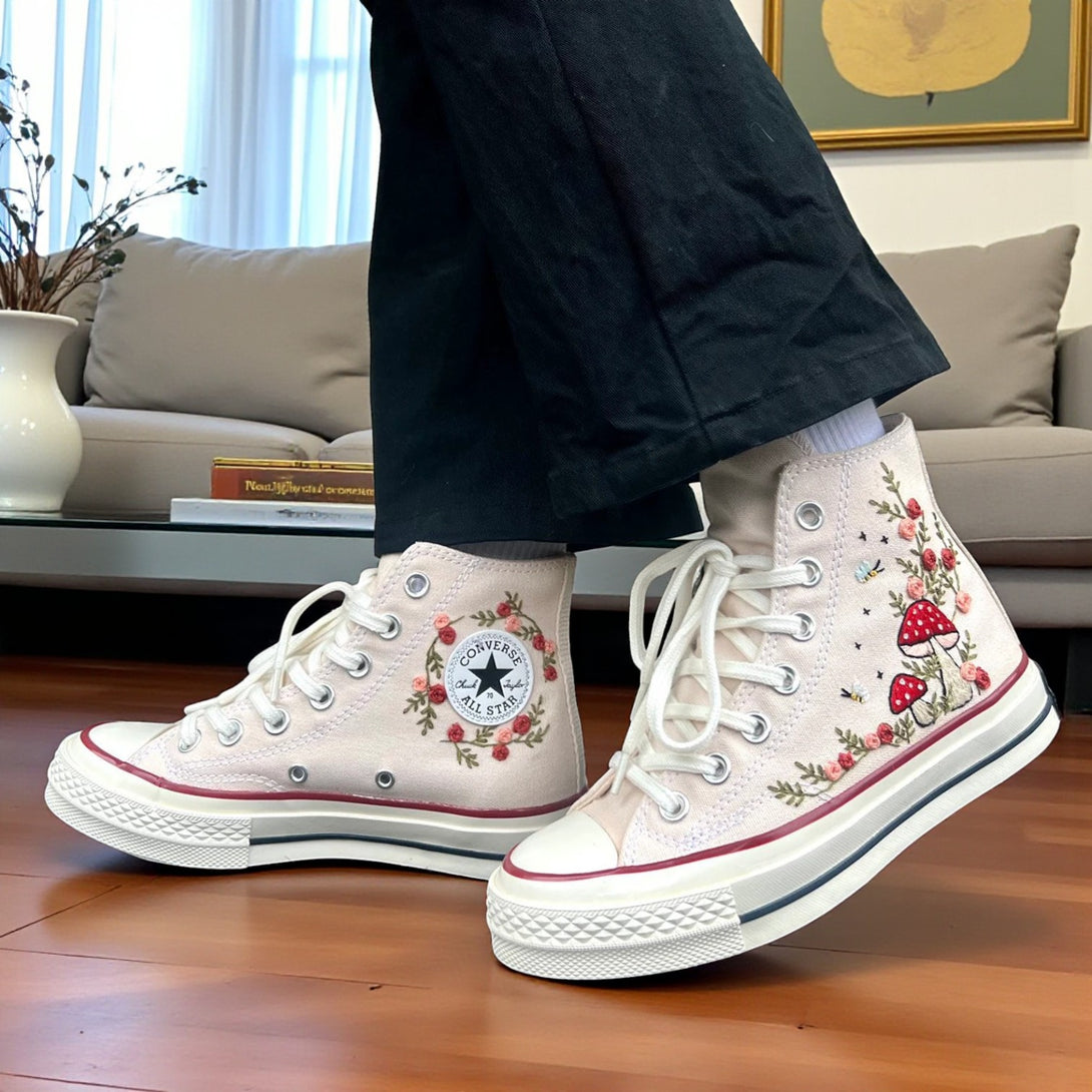Converse Mushroom Sneakers featuring floral embroidery on a stylish high-top design