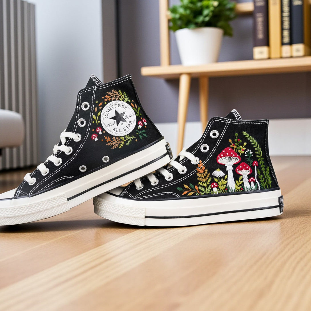 Converse Mushrooms Embroidered Shoes featuring colorfully detailed mushroom designs on black canvas