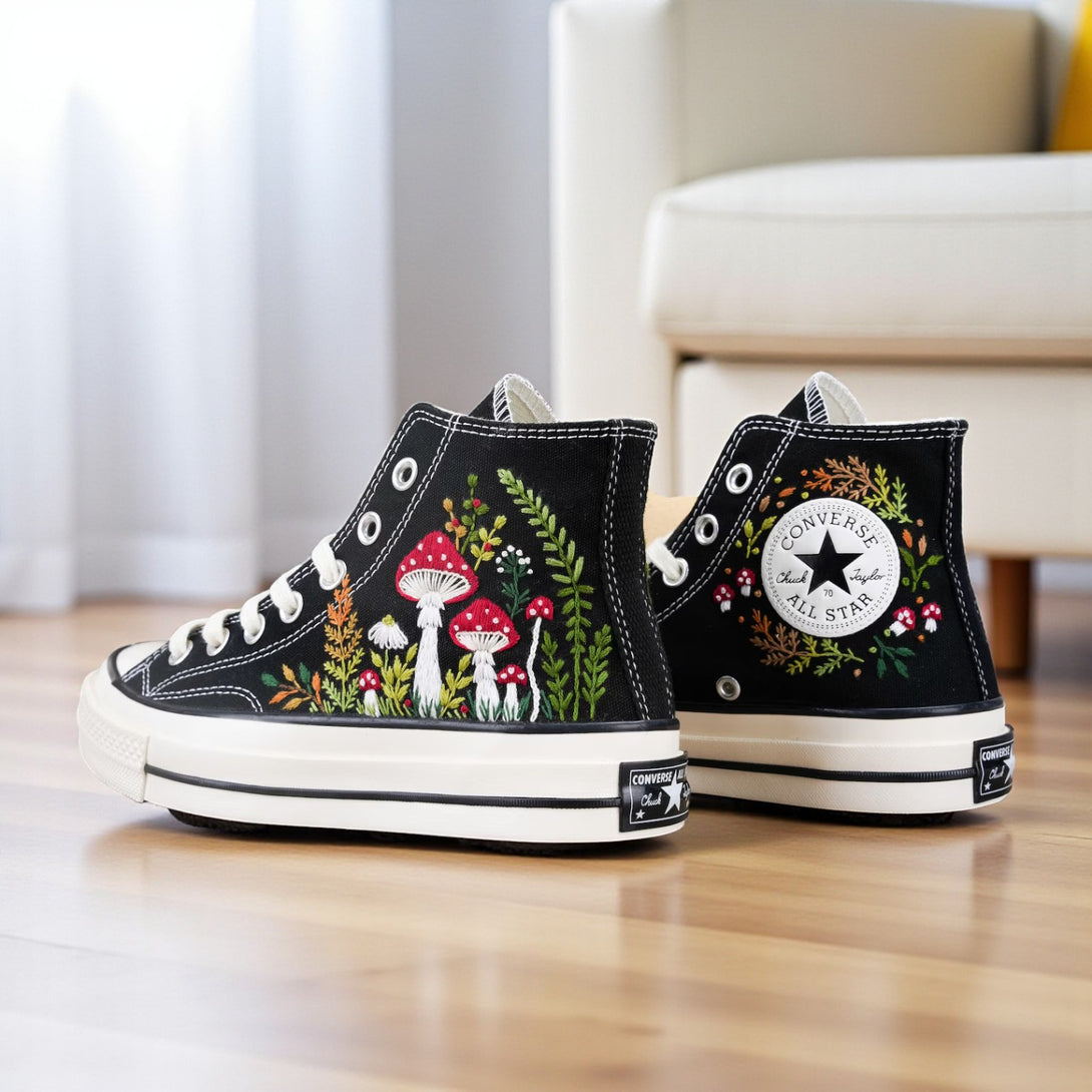 Converse Mushrooms Embroidered High-Top Shoes with Colorful Botanical Designs